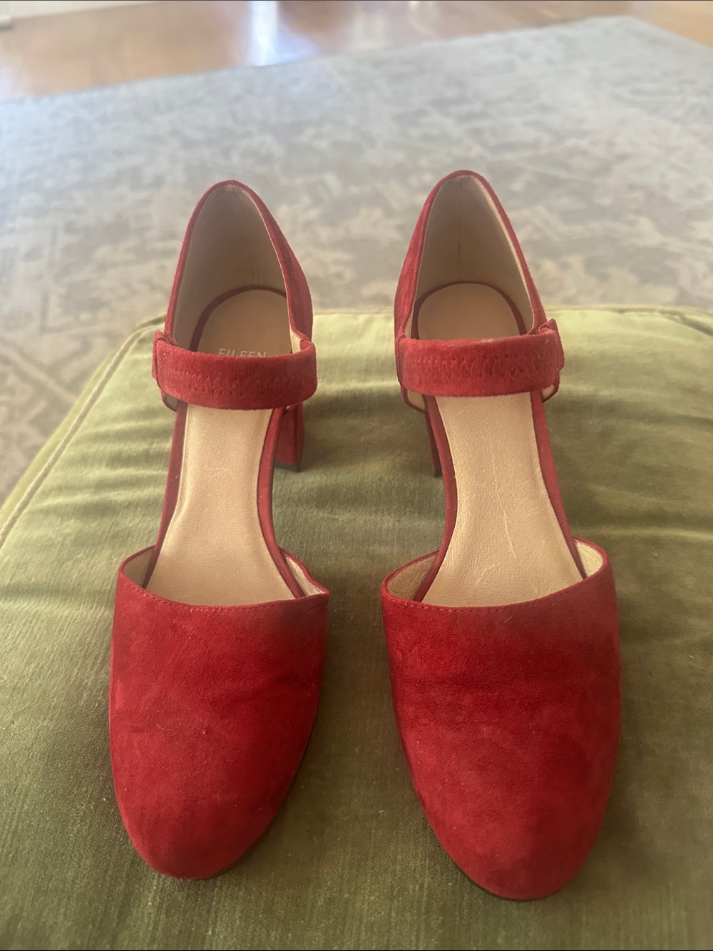 Eileen Fisher Red Suede Mary Jane Block Heels only worn once